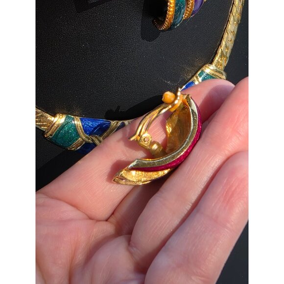 Vintage Gold-Tone Enamel Necklace & Clip-On Earrings Set '80 Era Like‎ New 18" - Picture 5 of 12